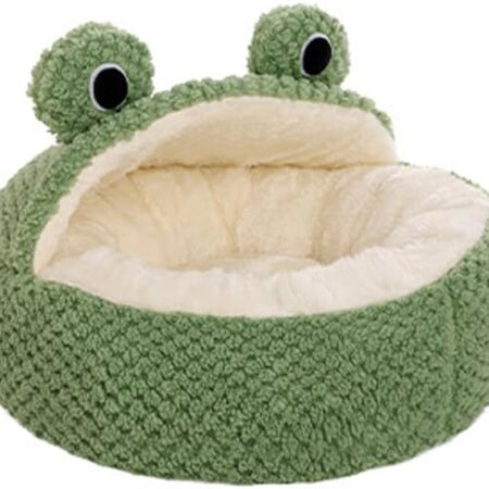 Cute Frog Hooded Cat Bed with Non-Slip Bottom, Covered Round Fluffy Frogs Cave Green, Semi-Closed Pet Mat for Cats and Small Dogs