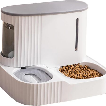Automatic Cat Feeder,Gravity Auto Timed Pet Dry Food Self Feeding Container Dishes Bowl and Water Dispenser Fountain for Dog Puppy Kitten Kit Set Integrated 2 in 1 Continuous Tray(Grey)