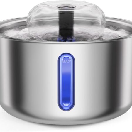 Stainless Steel Cat Water Fountain, 84oz/2.5L Automatic Pet Fountain Dog Water Dispenser with Replacement Filters & Silicone Mat for Cats, Dogs, Multiple Pets