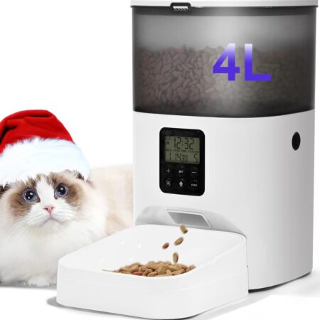 Automatic Cat Feeder, 4L Dry Food Dispenser with Voice Recorder, Up to 8 Meals per Day, Timed Feeder with Sea Ring (White)