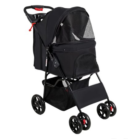 Pet Stroller, 4 Wheels Foldable Dog Stroller with Storage Basket and Cup Holder, Dog Carriage for Medium Small Dogs Cats Jogging Travel Carrier Cart, Black