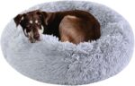 Dog Bed Calming Dog Beds for Small Medium Dogs - Round Donut Washable Dog Bed, Anti-Slip Faux Fur Fluffy Donut  Anxiety Cat Bed(Light Grey 28")