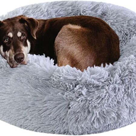 Dog Bed Calming Dog Beds for Small Medium Dogs - Round Donut Washable Dog Bed, Anti-Slip Faux Fur Fluffy Donut  Anxiety Cat Bed(Light Grey 28")