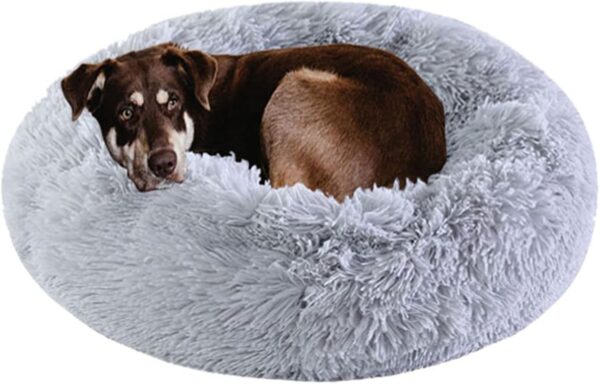 Dog Bed Calming Dog Beds for Small Medium Dogs - Round Donut Washable Dog Bed, Anti-Slip Faux Fur Fluffy Donut  Anxiety Cat Bed(Light Grey 28")
