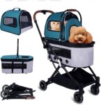 Double Decker Pet Stroller, Folding Pet Trolley with 2 Detachable Carrier Bags and Front Anti Shock Pulley Lightweight Pet Trolley with Breathable Air Vents for Travel City Walk Park Trip