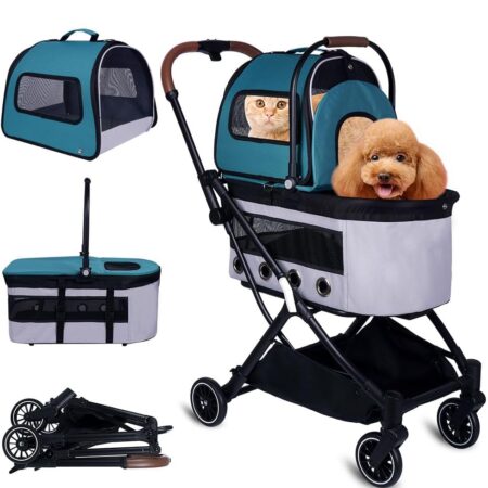 Double Decker Pet Stroller, Folding Pet Trolley with 2 Detachable Carrier Bags and Front Anti Shock Pulley Lightweight Pet Trolley with Breathable Air Vents for Travel City Walk Park Trip