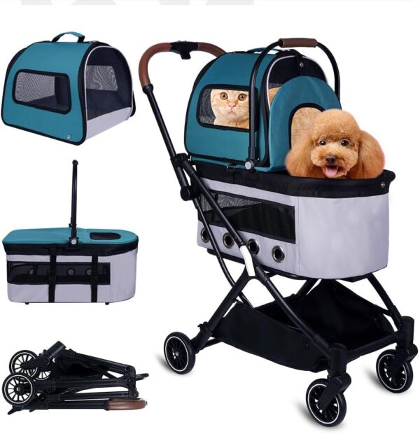 Double Decker Pet Stroller, Folding Pet Trolley with 2 Detachable Carrier Bags and Front Anti Shock Pulley Lightweight Pet Trolley with Breathable Air Vents for Travel City Walk Park Trip