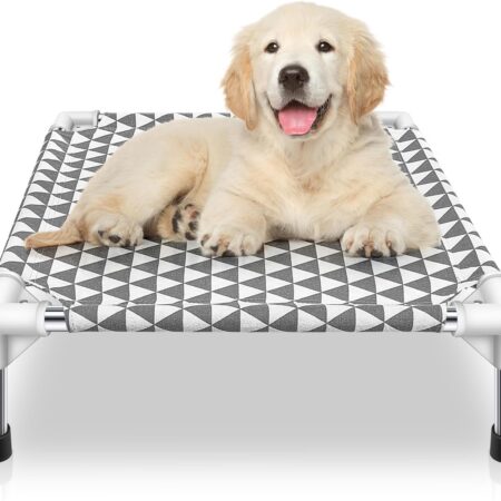 Elted Outdoor Dog Bed, Cooling Pet Cot, Small Dog Bed, Indoor/Outdoor, Easy to Assemble, Grey, Triangle Pattern, Cotton, Medium, 21x21x5 inches