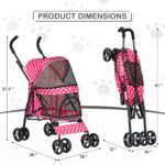 4 Wheels Pet Stroller, Easy-Fold Umbrella Shaped Dog Cat Jogger Stroller w/Storage Bag & Visible Mesh for Small/Medium Dogs Cats Hot Pink Polka Dots
