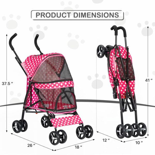 4 Wheels Pet Stroller, Easy-Fold Umbrella Shaped Dog Cat Jogger Stroller w/Storage Bag & Visible Mesh for Small/Medium Dogs Cats Hot Pink Polka Dots