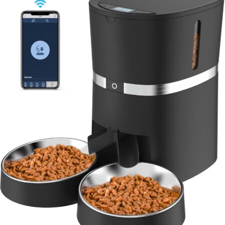 Smart Cat Feeder,  Automatic Cat Feeder  Enable Pet Dog Food Dispenser  Control for Cat&Dog with Two- Splitter and Two Bowls, Voice Recorder Distribution Alarms, Portion Control