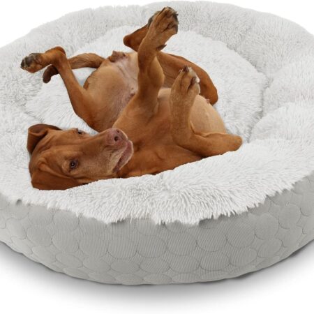 Dog Donut Round Calming Bed, Fluffy Dog Bed for Medium Large Dogs, Cooling Warming Soft Dog Cushion Bed, Double Sided Available Dog Bed with Warm & Cool Sides(30"x30"x9", Grey)