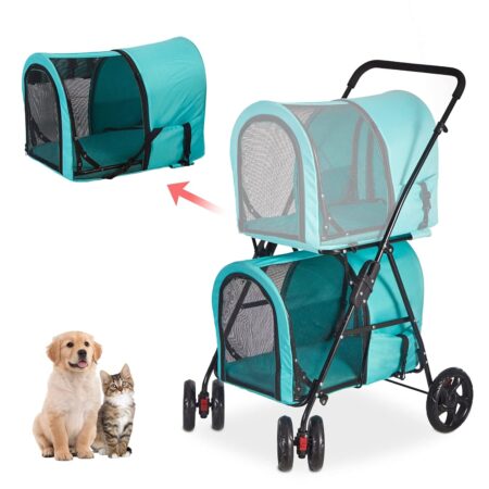 Double Layer Dog Stroller, Foldable 3 in 1 Pet Carrier for Dogs Cats (Travel Carrier Bag or Car Seat Carrier or Stroller) Blue