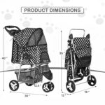 3 Wheels Pet Dog Cat Stroller for Small Medium Dogs Cats, Foldable Jogger Stroller w/Storage Basket and Cup Holder, Black Polka Dots
