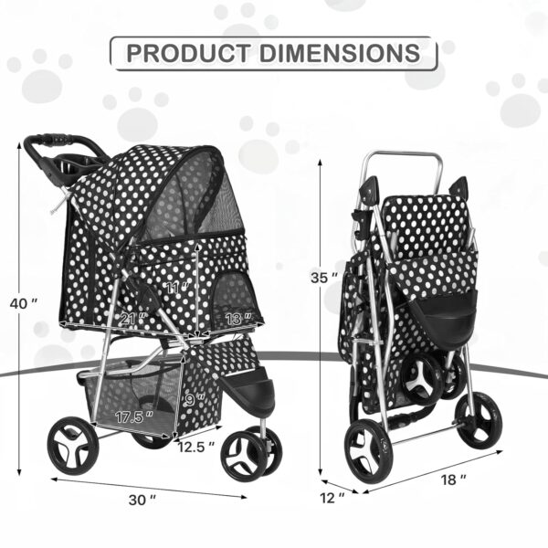 3 Wheels Pet Dog Cat Stroller for Small Medium Dogs Cats, Foldable Jogger Stroller w/Storage Basket and Cup Holder, Black Polka Dots