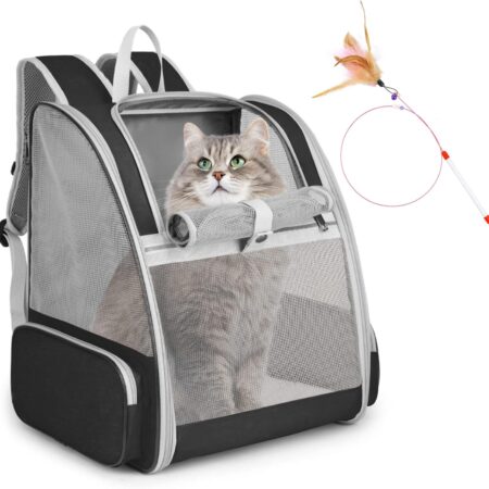 Cat Backpack Carrier, Large Pet Backpack with Kitten Wand Feather Toy for Medium Small Dog Cat Puppy Kitty Bunny up to 15lbs, Ventilated Mesh Dog Travel Carrier for Hiking Walking Outdoor Use (Black)