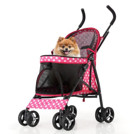 4 Wheels Pet Stroller, Easy-Fold Umbrella Shaped Dog Cat Jogger Stroller w/Storage Bag & Visible Mesh for Small/Medium Dogs Cats Hot Pink Polka Dots