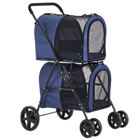 Dog Strollers for Small Medium Dogs, Double Cat Strollers for 2 Cats, 4-in-1 Small Doggy Pet Stroller, 2 Detachable Carriers, 4 Lockable Wheels, Pet Travel Cart, Folding Trolley, Navy Blue