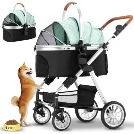 Pet Stroller, Dog Stroller for Medium Small Dog with Storage Basket Foldable Lightweight Dog Carrier Trolley.Basket can be Used Alone.（Green）