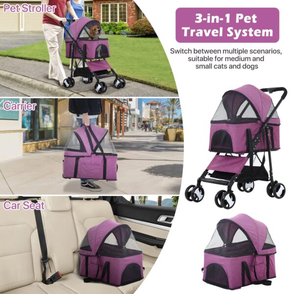 Dog Strollers Pet Cat Stroller 3-in-1 Detachable Doggy Stroller 4 Wheel Dog Travel Cart for Small Medium Dogs Folding Cat Walker Wagons for Dogs Trolley for Doggie Rabbit Puppy Strollers, Purple