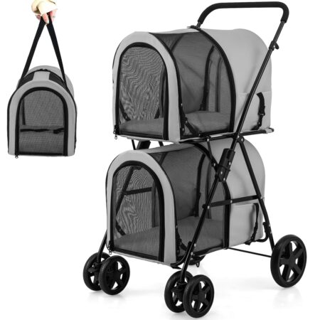 Double Pet Stroller with 2 Detachable Carrier Bags, Safety Belt, 4 Lockable Wheels, Folding Cat & Dog Stroller for Small Medium Pets, Cats Dogs Puppy Travel Strolling Cart (Gray)