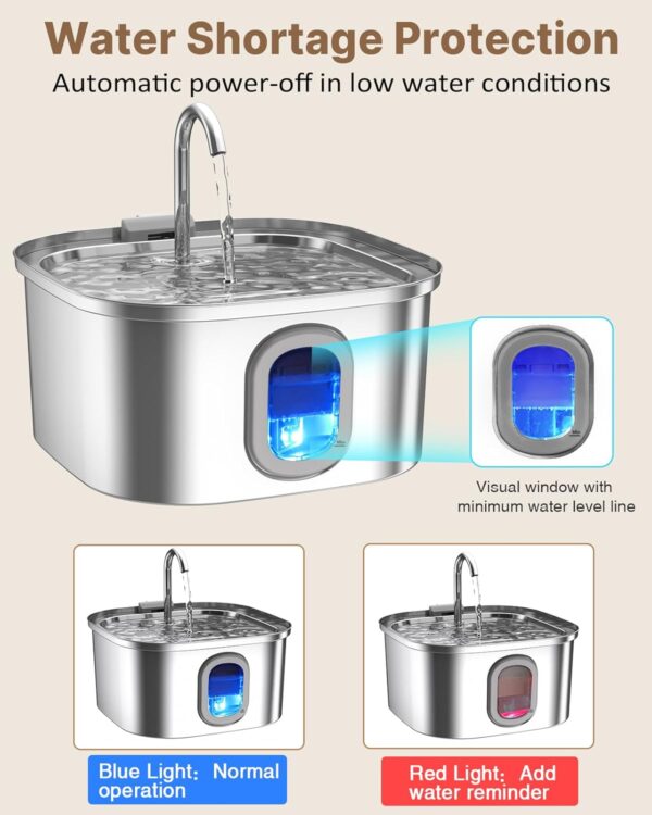 Cat Water Fountain, 108oz/3.2L Quiet Pet Water Fountain Indoor, Cat Water Fountain Stainless Steel, Water Level Window & Low Water Mark, Cat Fountain for Drinking - Water Shortage Protection