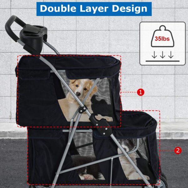 Dog Stroller Cat Pet Carriers for Small Medium Dogs Cats Travel Camping 4 Wheels Lightweight Folding Crate Stroller with Soft Pad (Black)