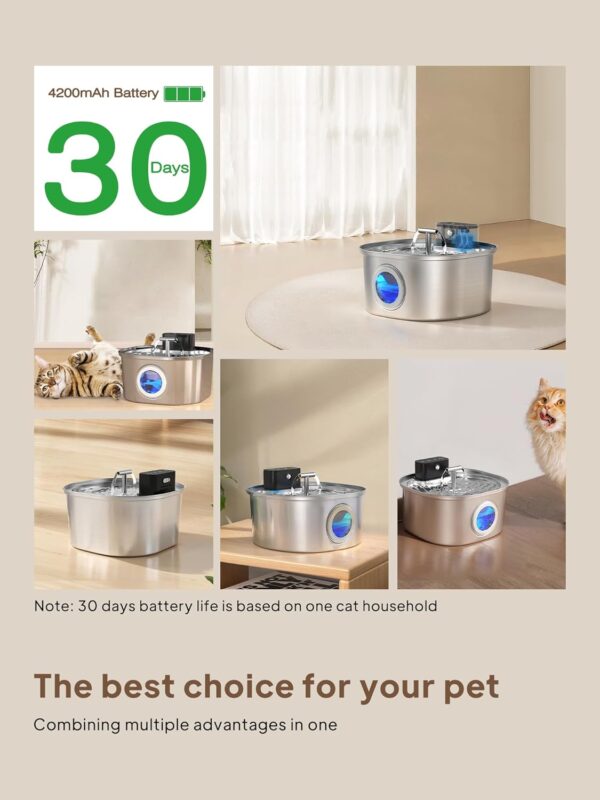 Stainless Steel Cat Water Fountain: 108oz/3.2L 3-Modes Pet Drinking Fountain Wireless Indoor Cordless Kitty Super-Silent Sensoring Fountain with Dual Water Outlet