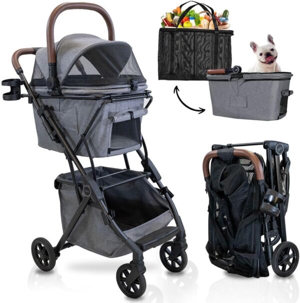 Luxury Pet Stroller & Personal Folding Shopping Cart on Premium Wheels – Lightweight Aluminum Frame – Removable Bassinet, Shopping Bag- Small to Medium Dogs & Cats ( Pet Bassinet)