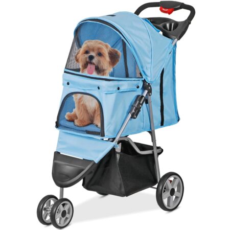 Foldable Pet Stroller for Cats and Dogs 3 Wheels Carrier Strolling Cart with Weather Cover, Storage Basket + Cup Holder (Blue)