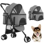 3 Wheels Pet Stroller Dog Cat Premium 3-in-1 Multifunction Stroller for Medium Small Dogs Cats Detachable Carrier Lightweight Folding Travel Stroller,Grey