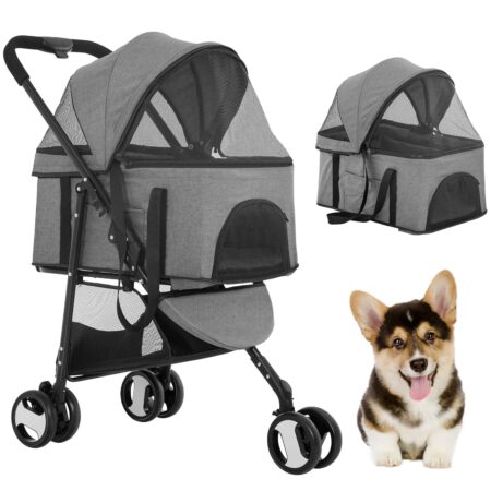 3 Wheels Pet Stroller Dog Cat Premium 3-in-1 Multifunction Stroller for Medium Small Dogs Cats Detachable Carrier Lightweight Folding Travel Stroller,Grey