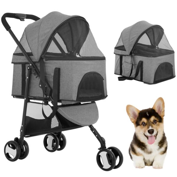 3 Wheels Pet Stroller Dog Cat Premium 3-in-1 Multifunction Stroller for Medium Small Dogs Cats Detachable Carrier Lightweight Folding Travel Stroller,Grey