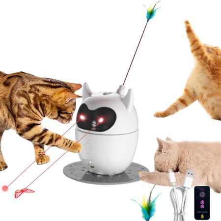 Dual-Mode Cat Laser Toy Automatic with Feather Teaser – Interactive, Rechargeable Laser Cat Toy for Indoor Cats, Kittens & Dogs, 360° Rotation, Adjustable Laser & Smart Power Saving