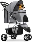 3-Wheel Pet Stroller, Foldable Travel Jogger for Small & Medium Dogs & Cats (Up to 33lbs), Lightweight Carrier with Breathable Mesh Cover, Cup Holder & Storage Basket, Gray