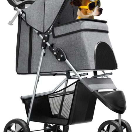 3-Wheel Pet Stroller, Foldable Travel Jogger for Small & Medium Dogs & Cats (Up to 33lbs), Lightweight Carrier with Breathable Mesh Cover, Cup Holder & Storage Basket, Gray
