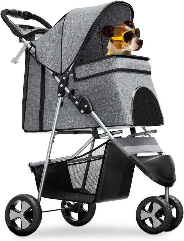 3-Wheel Pet Stroller, Foldable Travel Jogger for Small & Medium Dogs & Cats (Up to 33lbs), Lightweight Carrier with Breathable Mesh Cover, Cup Holder & Storage Basket, Gray