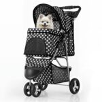 3 Wheels Pet Dog Cat Stroller for Small Medium Dogs Cats, Foldable Jogger Stroller w/Storage Basket and Cup Holder, Black Polka Dots