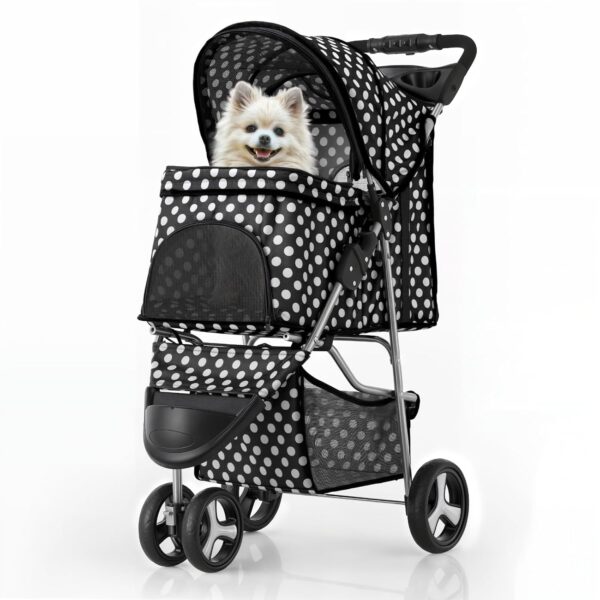 3 Wheels Pet Dog Cat Stroller for Small Medium Dogs Cats, Foldable Jogger Stroller w/Storage Basket and Cup Holder, Black Polka Dots