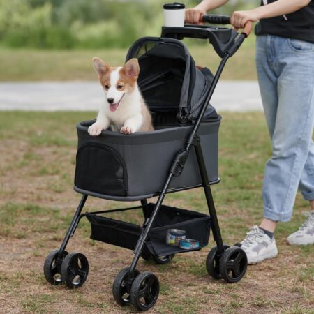 3 in 1 Folding Dog Stroller,  Pet Stroller for Small/Medium Dogs, Cat Stroller w/Removable Carrier, Car Seat, Sun Shades, Waterproof Small Dog Stroller, All Terrain Cat Stroller for 2 Cats