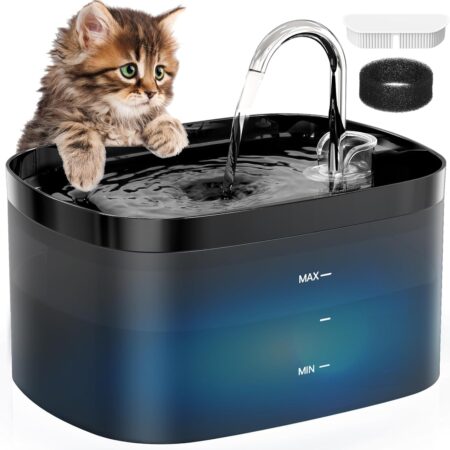 Cat Water Fountain, 84/2.5L Cat Fountain, Super Silent Pet Water Fountain, Activated Carbon Filter, Translucent Pet Water Dispenser Suitable for Multiple Pets Family (Black)