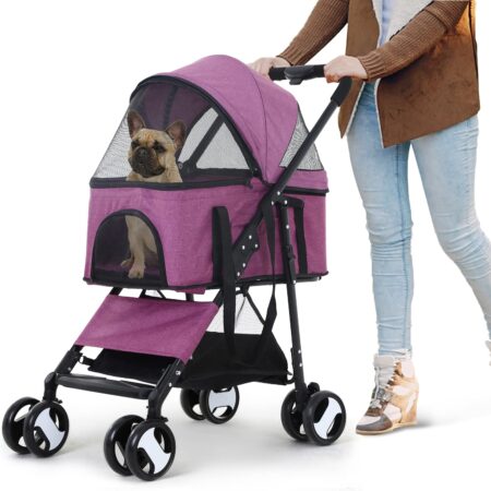 Dog Strollers Pet Cat Stroller 3-in-1 Detachable Doggy Stroller 4 Wheel Dog Travel Cart for Small Medium Dogs Folding Cat Walker Wagons for Dogs Trolley for Doggie Rabbit Puppy Strollers, Purple