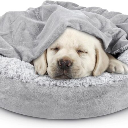 Small Dog Bed Cat Bed with Hooded Blanket, Cozy  Luxury Puppy Pet Bed, Donut Round Calming Anti-Anxiety Dog Burrow Cave Bed - Anti-Slip Bottom and Machine Washable 23 inch