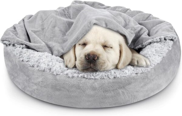 Small Dog Bed Cat Bed with Hooded Blanket, Cozy  Luxury Puppy Pet Bed, Donut Round Calming Anti-Anxiety Dog Burrow Cave Bed - Anti-Slip Bottom and Machine Washable 23 inch
