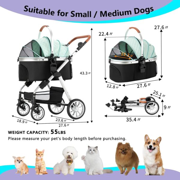Pet Stroller, Dog Stroller for Medium Small Dog with Storage Basket Foldable Lightweight Dog Carrier Trolley.Basket can be Used Alone.（Green）