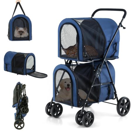 Dog & Cat Stroller with Detachable Carrier, Double Pet Carrier for Small Medium Dogs & Cats - Jogger/Travel/Camping, 4-in-1 Folding Trolley for Multi-Pet Home, Navy