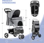 3-Wheel Pet Stroller, Foldable Travel Jogger for Small & Medium Dogs & Cats (Up to 33lbs), Lightweight Carrier with Breathable Mesh Cover, Cup Holder & Storage Basket, Gray