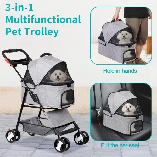 4 Wheels Dog Stroller with Detachable Carrier Folding Pet Strolling Cart for Small Medium Cats Puppies with Storage Basket Cup Holder, Gray