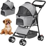 4 Wheels Dog Stroller with Detachable Carrier Folding Pet Strolling Cart for Small Medium Cats Puppies with Storage Basket Cup Holder, Gray