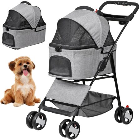 4 Wheels Dog Stroller with Detachable Carrier Folding Pet Strolling Cart for Small Medium Cats Puppies with Storage Basket Cup Holder, Gray